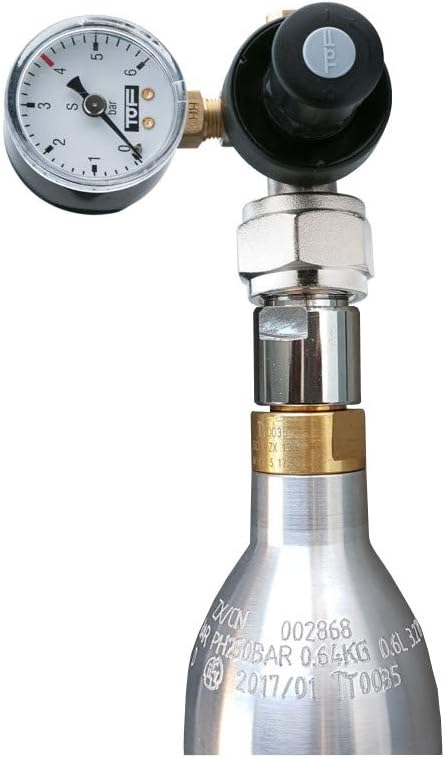 CO2 pressure regulator for reusable bottles, adapter for 425g bottles, up to 5.5bar EU standard connection W21.8 x 1/14inch, hose connection 6mm suitable for carbonation systems suitable for aquariums