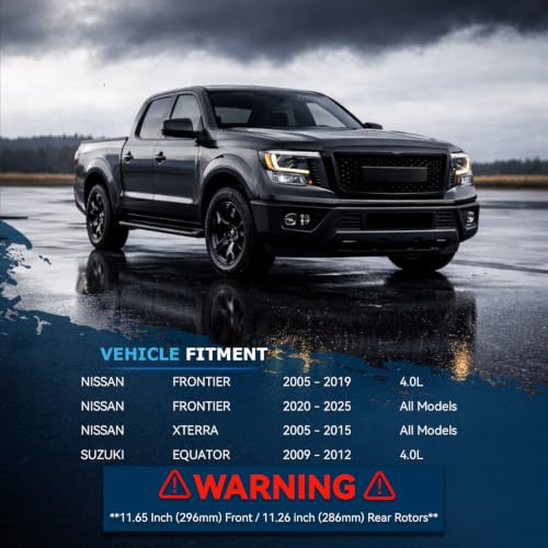 Image of Detroit Axle - Brake Kit for 05-25 Nissan Frontier, 05-15 Xterra, 09-12 | Suzuki Equator, Drilled & Slotted Brake Rotors Ceramic Brakes Pads Front and Rear: 11.65'' Front & 11.26'' Rear Rotors