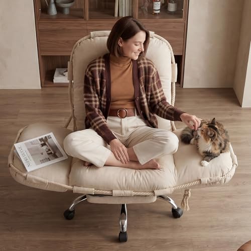 DEKKETO Fauteuil de Bureau avec Repose-Pieds, Chaise Large pour S'asseoir en Tailleur, Pivotant et Basculant, Tissu Chenille, Accoudoirs 5 Pos., Dossier...