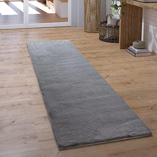 Paco Home Hochflor Teppich Wohnzimmer Schlafzimmer Shaggy Modern Flauschiger Fellteppich Weich Fell Imitat Kunstfell Einfarbig, Grösse:80x150 cm, Farbe:Anthrazit