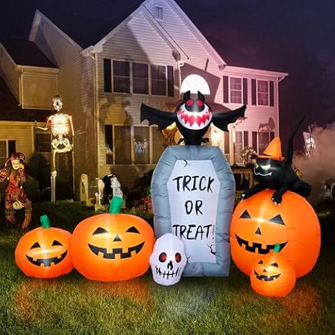 YOUBEMAGIC 7FT Long Halloween Inflatable Pumpkin Patch with Tombstone & Black Cat & Bat, Blow up Halloween Inflatable with Build-in LED Lights Outdoor Decorations Large Party Yard Decoration Cover