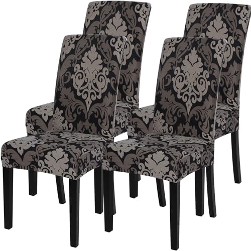 Image of SearchI Dining Room Chair Covers Slipcovers Set of 4,Spandex Super Fit Stretch Removable Washable Kitchen Parsons Chair Covers Protector for Dining Room,Hotel,Ceremony,Black /Brown