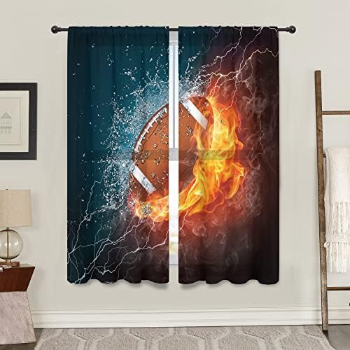 Cinbloo Boys Sports Curtains Sheer Rod Pocket American Football Theme Wall Decor for Kids Men Teens Bedroom Water Flame Football Art Printed Cool Living Room Window Drapes Fabric 2 Panels 41Wx62L Inch