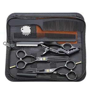 Purple Dragon 5.5 inch Hair Cutting Scissors Set with Razor, Leather Scissors Case, Barber Hair Cutting Shears Hair Thinning/Texturizing Shears for Professional Hairdresser or Home Use (Black)