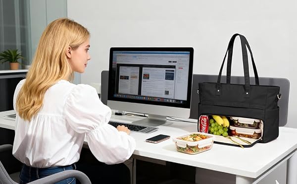 Marscamd Lunch Tote Bag with Insulated Compartment & 15.6" Laptop Sleeve, Womens 2-in-1 Water-resistant Work Bag for Office with a Purse & Crossbody Strap, Black by Marscamd - Image 2