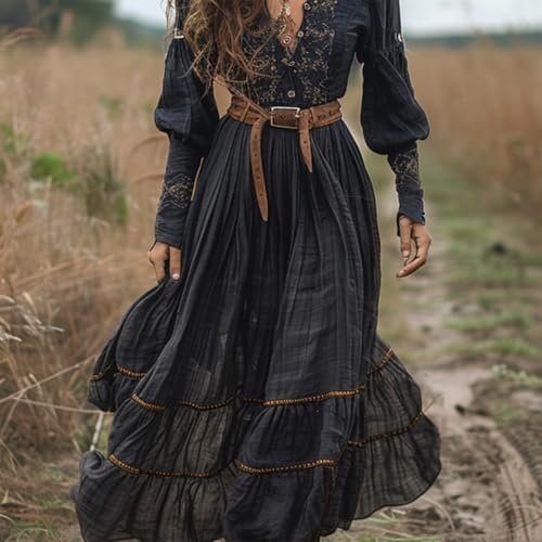 Women's Vintage Western Maxi Dress Fall Casual Loose Long Sleeve V Neck Country Flowy Dress Flower Long Dress3