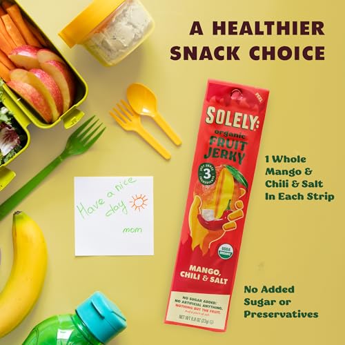 Image of SOLELY - Organic Spicy Mango Chili and Salt Fruit Jerky - 12 Individually Wrapped Strips - Fruit Leather Made from Dried Fruit - Healthy Snacks for Adults & Kids - Vegan, Non GMO - 0.8oz (23g)