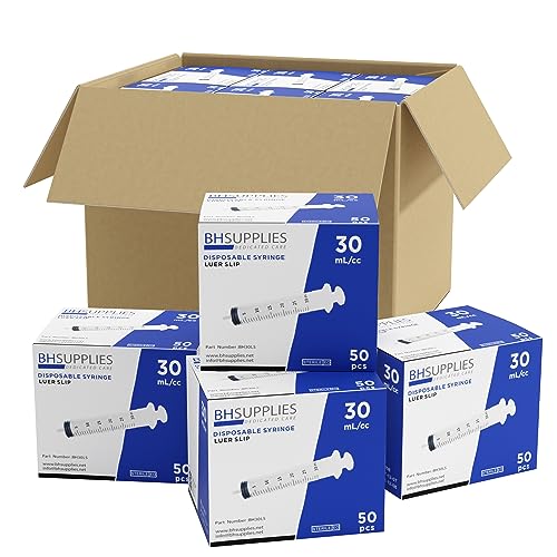 Bulk Case: BH Supplies 30mL Sterile Luer Slip Syringe - Individually Wrapped (600 Syringes, 12 Boxes of 50 Units)