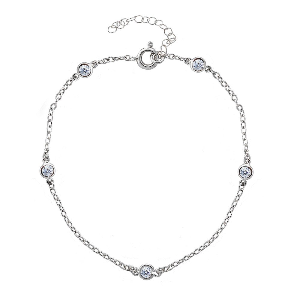 Sterling Silver Cubic Zirconia Station Dainty Chain CZ Anklet for Women Beach Summer