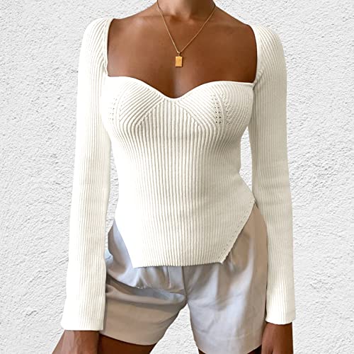 Acosap Women's Square Neck Ribbed Knitted Sweater Long Sleeve Crop Slim Fitted Basic Pullover Tops White #TOP1