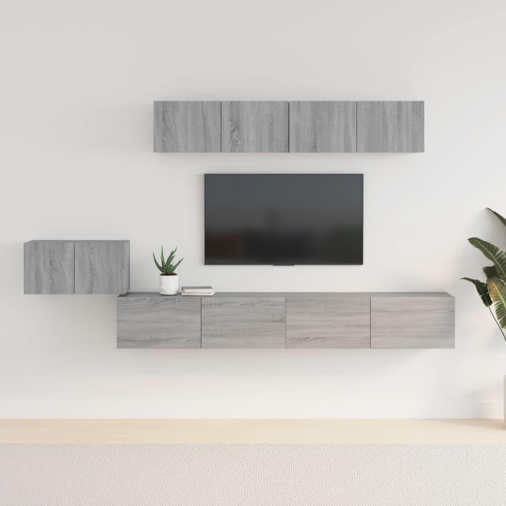 5-TLG. TV-Schrank-Set Grau Sonoma Holzwerkstoff, Wandmontage, Modernes Media Center für Wohnzimmer, Viel Stauraum, Stabil & Feuchtigkeitsbeständig