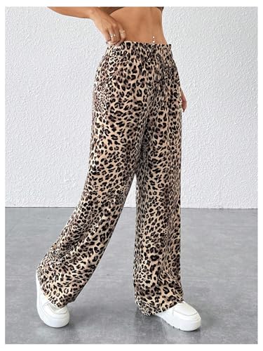 GORGLITTER Women's Leopard Cheetah Print Pants Trendy Animal Wide Leg Elastic Waist Drawstring Loose Joggers Pant3