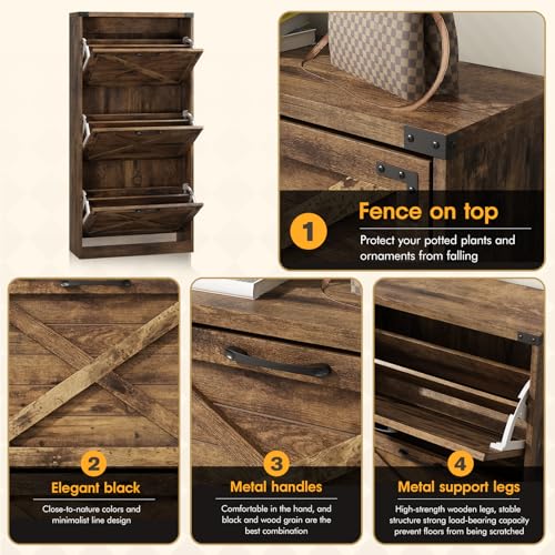 Maupvit-24-W-Farmhouse-Shoe-Cabinet-Storage-for-Entryway-Freestanding-Organizer-with-3-Flip-Drawers-Narrow-Shoe-Rack-Cabinet-with-Metal-Corner-Decoration-Rustic-Brown Maupvit 24 W Farmhouse Shoe Cabinet Storage for Entryway Freestanding Organizer with 3 Flip Drawers Narrow Shoe Rack Cabinet with Metal Corner Decoration Rustic Brown
