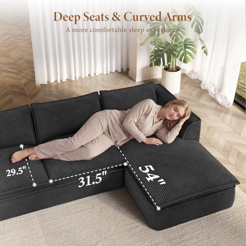 Image of Vesgantti 141.7 inch Oversized Boneless Sectional Couch, Modern 7 Seater Modular Sofa with Chaise & Ottoman, Deep Seat Convertible Corduroy Cloud Couches for Living Room, No Assembly Required, Black