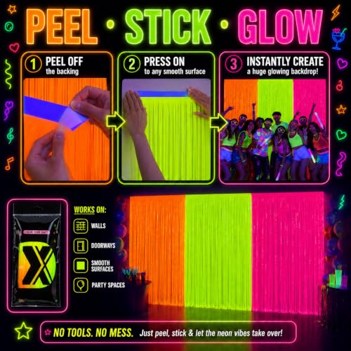 Image of 3 Pack Glow in the Dark Party Supplies, Foil Fringe Curtains, 9.9 x 6.6 ft | Neon party decorations and glow party backdrop for blacklight birthday parties, photo booths, graduations and dance parties
