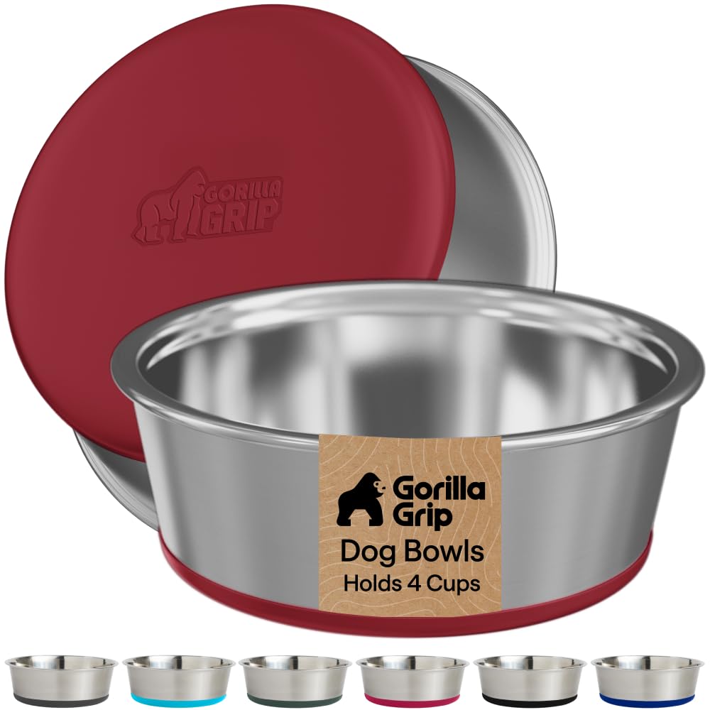 GORILLA GRIP Dog Bowls, Food Grade Stainless Steel, Set of 2, 4 Cup, Red