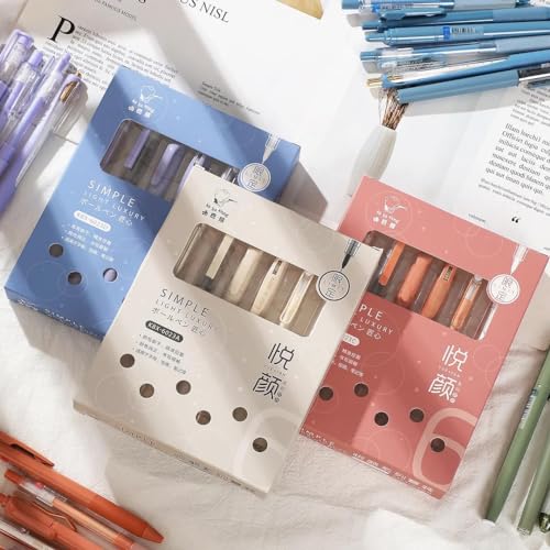 Image of Alokik Minimal Aesthetic Gel Pen Set (6 Pack) - 4 Press Gel Pens, 1 Highlighter & 1 Straight Liquid Roller Blue Ink Pen, Smooth Writing Pens for Students, Office, Journaling & School Supplies