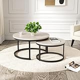 Hawthyhome Coffee Tables, Round Nesting Tables Tet of 2, Modern Side Tables with Metal Frame, Industrial Stacking End Tables for Living Room Bedroom Office, 60cm*40cm, Creamy White