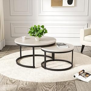 Hawthyhome 2 Stücke Beistelltisch Set rund, Couchtisch aus Holz mit Metallrahmen,Moderne Kaffeetische Satztische für Wohnzimmer Schlafzimmer Hellbeige