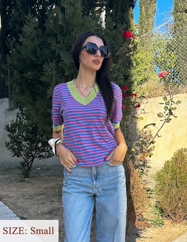 Image of Zeagoo Womens Short Sleeve Sweaters Soft Casual V Neck Pullover Tops Lightweight Knit Sweater Blouse