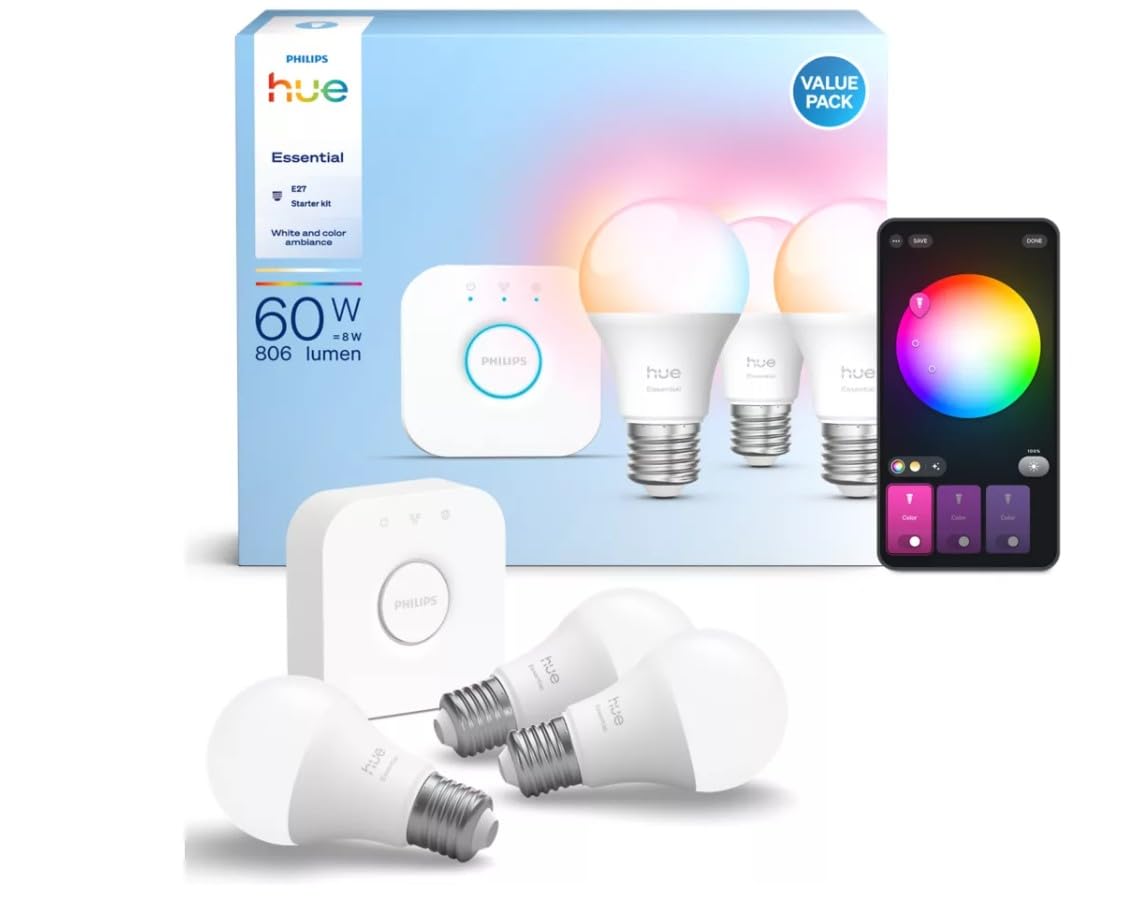 Philips Hue Smart Lighting Starter Kit 3 Lampadine Plus Bridge, Bianco e Color Ambiance, Lampadine E27, 806 Lumen, 60W, con Bridge, Controllo App, Funziona con Alexa e Google Assistant