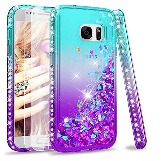 LeYi Fodral Kompatibel med Samsung Galaxy S7 Case Skal och Skärmskydd i glas [2-pack], Glitter flytande flöde lyxig klar transparent diamant TPU Silikon Stötsäkert Fodral Samsung S7 G930 Turkos Lila