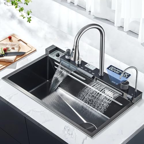 Küchenspüle aus Edelstahl mit Wasserhahn, Becherspüler, Seifenspender,...