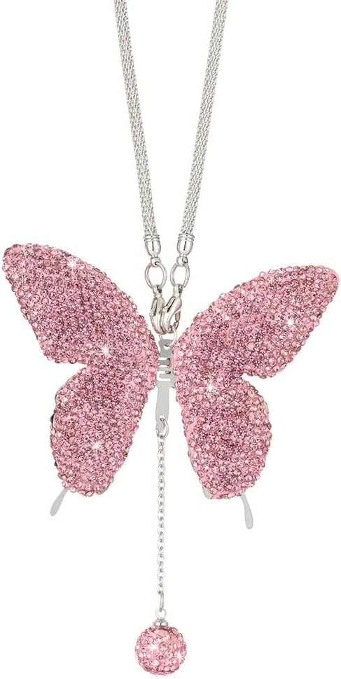 Bling Butterfly Diamond Car Mirror Hanging - Crystal & Plush Ball Charm For Women's Car Decor - View #7