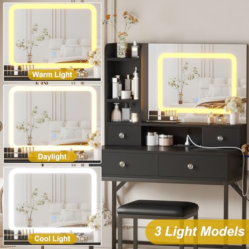 GarveeHome Makeup Vanity Desk and Stool with Mirror Vanity Desk with Lights in 3 Colors, Girls Vanity Table with Charging Station, 4 Drawers, 6 Storage Shelves for Bedroom, Black