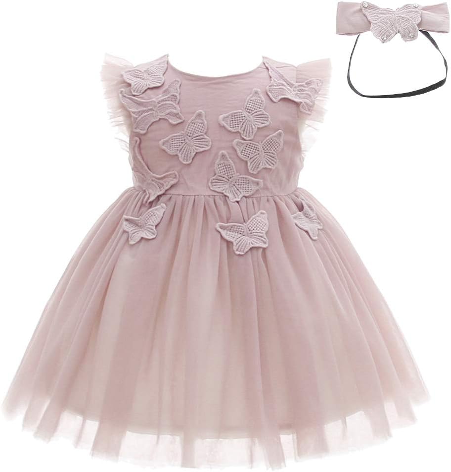 Meiqiduo Baby Girls Dress Infant Birthday Christening Wedding Party Lace Tulle Tutu Dresses Outfit with Headband (3M/0-6 Months, Pink(Sleeveless))