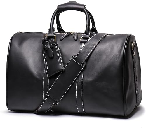 Genuine Leather Men Travel Bag Cowhide Luggage Bags Shoulder Bag Weekend Bag Overnight Gym Sports Carry On Duffel Bag (Black-18'')