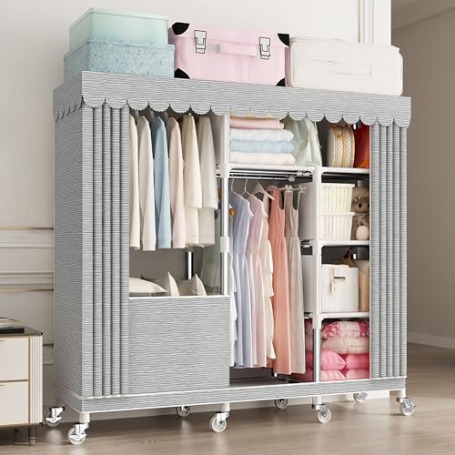 ハンガーラック カバー付き ワードローブ キャスター付き 大容量防水 ジップ全閉 防塵 防汚 耐用 洋服収納 ラック寝室 多目的ストレージ シェルフポータブル移動可能スリム 省スペース おしゃれ 頑丈 衣装ラック (A, 143x45x170cm)