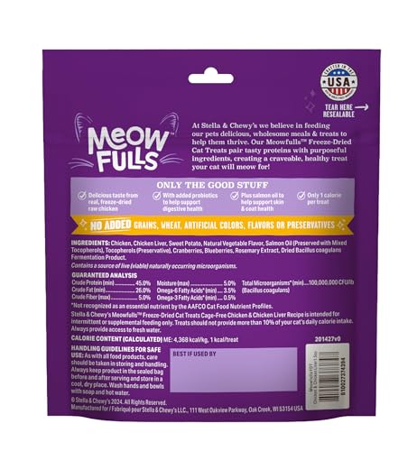 Stella & Chewy's Meowfulls Freeze Dried Cat Treats - Chicken & Chicken Liver Recipe - Raw Protein with Probiotics & Salmon Oil - 1 Calorie Per Treat - 1.5 oz