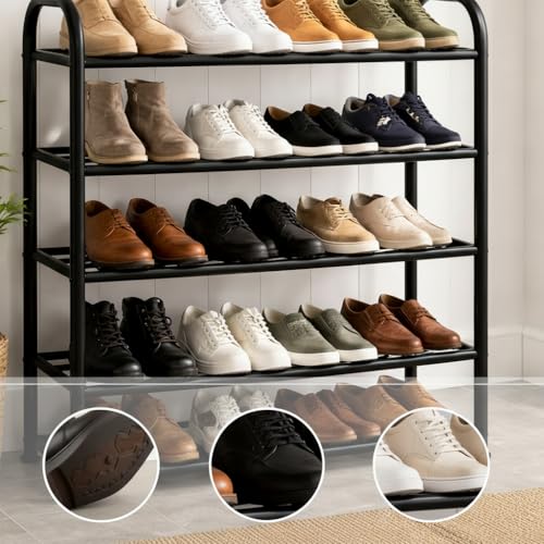 Image of Owme Metal Shoe Rack for Home - Adjustable & Stackable Waterproof Open 5-Tier Shoe Rack for Closet Entryway, Bedroom, Outdoor, DIY Multi-Purpose Carbon Steel Shoe Stand - Black