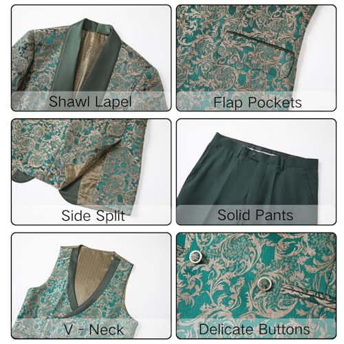 UNINUKOO Men’s Suit Dress Tuxedo 3 Piece Slim Fit Floral Wedding Party Print Lightweight Blazer Vest and Pants Set US Size M Green4