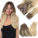 Picture of GOO GOO Clip in Hair Extensions Real Human Hair, Remy Human Hair Extensions Clip ins for Women, Natural Human Hair, 18inch 150g 9Pcs, 4/18 Balayage Chocolate Brown Highlighted Dirty Blonde