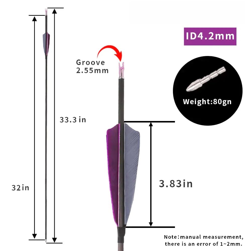 12 pz ID 4,2mm Freccia in Puro-carbonio, Spine 300 400 500 600 700 800 900 1000 Freccia da Caccia, 4" Piuma di Tacchino Grigio Viola, per Ricurvi/Compound Arco Tiro con l'arco