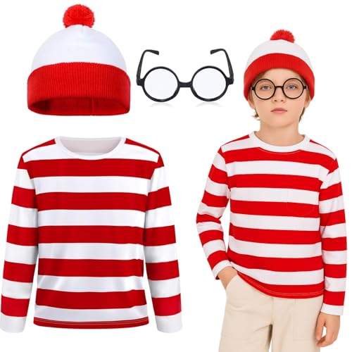 3 Pieces Red and White Striped Shirt and Hat Halloween Costumes Cosplay Suits with Glasses Outfit Suit Set (110)