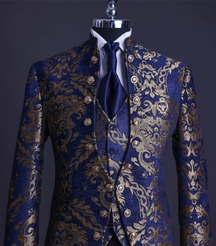 Men's 3-Piece Stand Collar Suit Jacquard Jacket Vest with Pants Tuxedos Formal Party Prom4