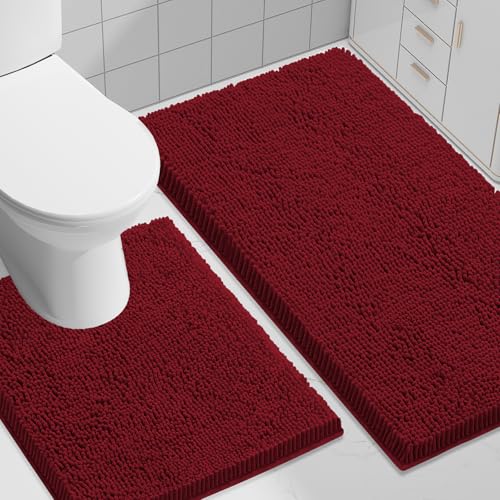 Image of Smiry Bathroom Rugs Set 2 Piece, Soft Absorbent Chenille Bath Mat and U-Shaped Toilet Rug Set, Non Slip Shaggy Bath Carpet for Tub, Shower and Floor (30x20+24x20, Red)