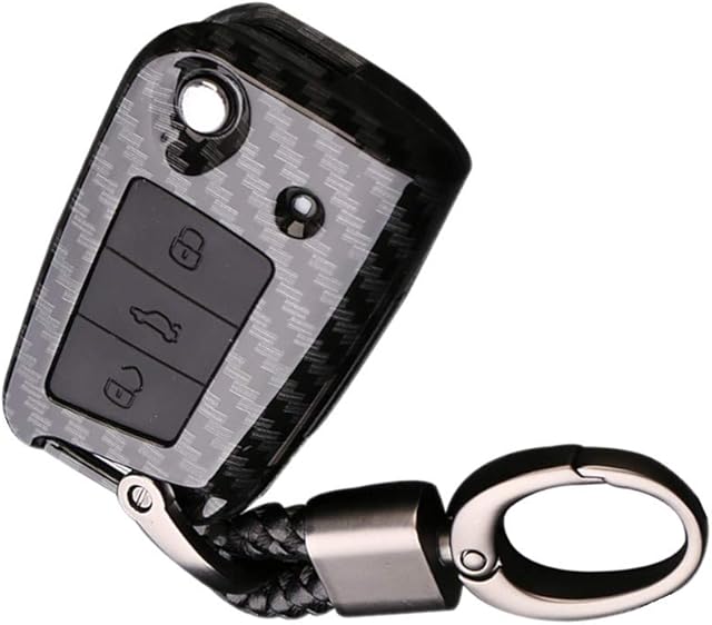 Happyit ABS Carbon Fiber Shell+Silicone Car Key Cover Cases for Volkswagen VW 3 Buttons Remote with Keychain (Black + black)