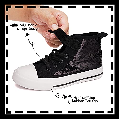 Toandon Girls Kids Canvas Shoes Sneakers For Toddler Boys Color Change Flipping Sequins Glitter Sparkle Slip On High Top Adjustable Hook Loop Straps Velcro Non-Slip Lightweight Walking Black Size 12 #TOP3