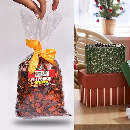 Image of Pure Source india Unscented Dried Flowers Leaves Potpourri Bag for Home Decoration Room Office Bathroom Vase Fillers (50 GM RED) (50 GM Potpourri Bag Orange)
