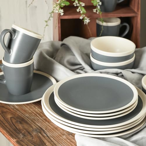 Image of Stone Lain Serenity 32-Piece Stoneware Dinnerware, 2-Tone, Speckles, Dark Gray and Cream,