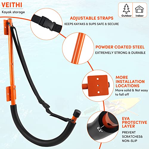 Veithi Kayak Storage,2 Pack Kayak Wall Mount Orange,Heavy Duty Steel Kayak Storage Rack Holds Up To 100 Lbs With Eva Protector For Hanging Bicycle Surfboard Snowboard #TOP2