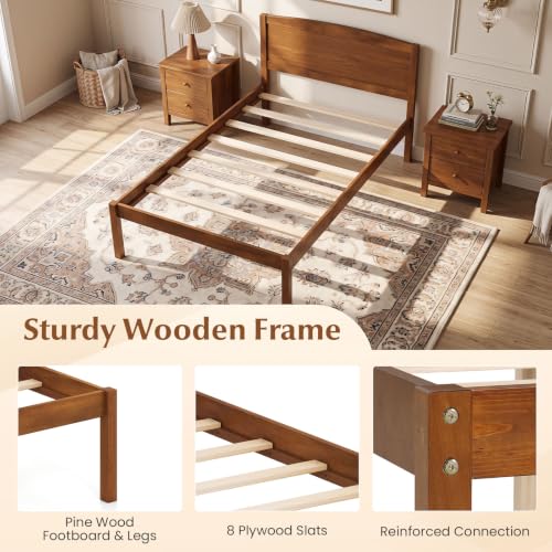 Image of GIANTEX Twin Size Wooden Bed Frame with Curved Headboard, Wood Slat Support