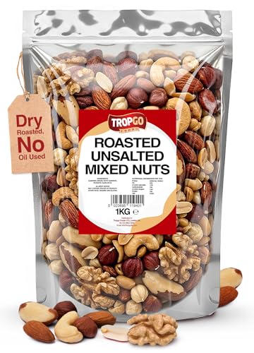 Tropgo Roasted Unsalted Mixed Nuts 1kg - Dry Roasted No Oil Used Nut Snacks with Fibre Protein and Minerals - Perfect for Snacking Includes Almonds Brazil Cashews Peanuts & Hazelnuts