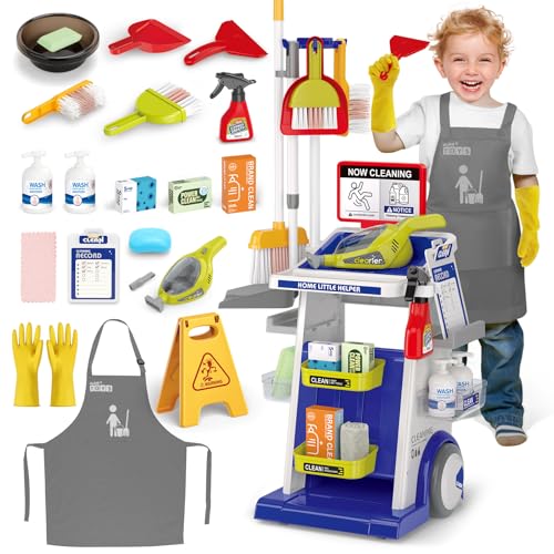 deAO Chariot de Nettoyage Enfant, Jouet de Ménage avec Balai, Serpillière, Chiffon et Accessoires, Aspirateur Jouet Éducatif, Kit Ménage Enfant pour Filles et Garçons 3-6 Ans(Bleu)
