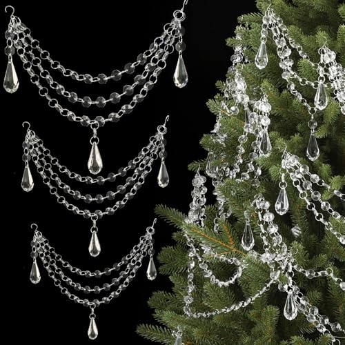 Pinkunn 12 Pcs 3-Layer Crystal Garland for Christmas Tree 20in 16in 12in 3-Layer Acrylic Bead Garland Hanging Christmas Decorations Indoor Home Decor for Xmas Wedding Party(Teardrop)