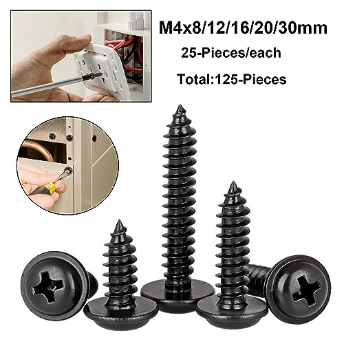 FandWay 125Pcs Self Tapping Screws Black,M4 Wood Screws Assortment,Pan Head With Washer Self Drilling Screw,Wafer Head Sheet Metal Screw Phillips Drive for DIY Woodwork Repairs - Image 2